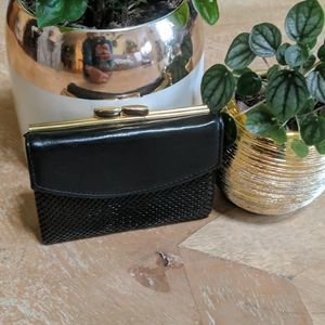 NWT Whiting Davis Black Faux Leather & Chainmail Wallet w Clasp/Button Closure